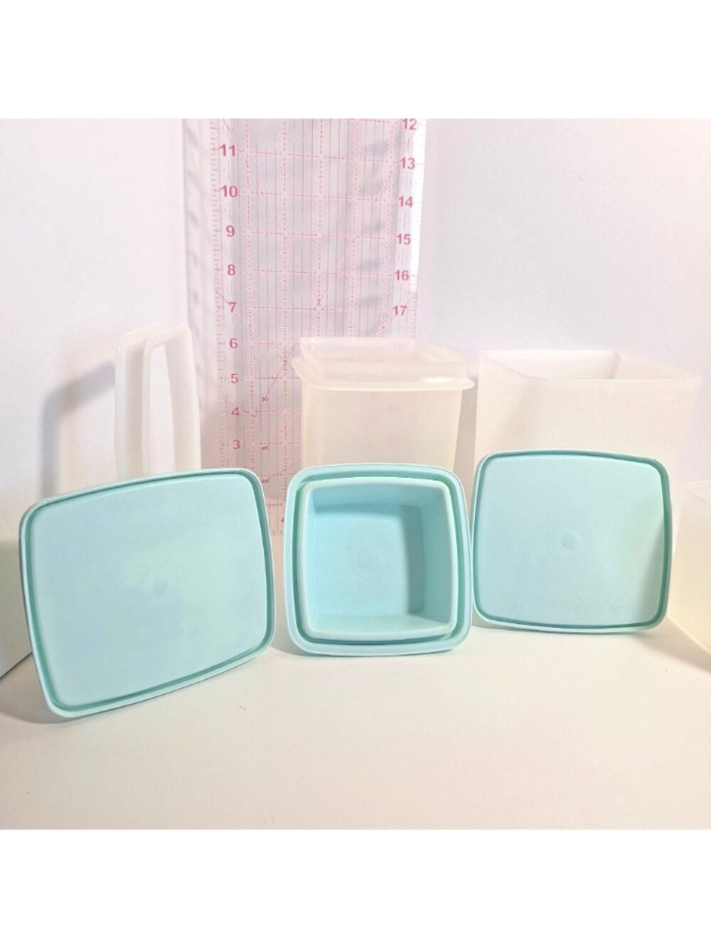 Tupperware Square Round Containers Pickle Keeper Seafoam Mint Aqua Vintage - Picture 5 of 12